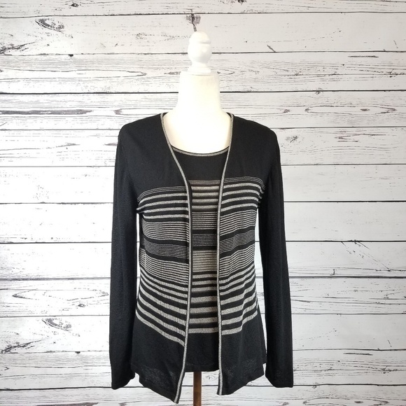 Escada black and silver striped twin set cardigan sleeveless top women's size 8 - Picture 2 of 9